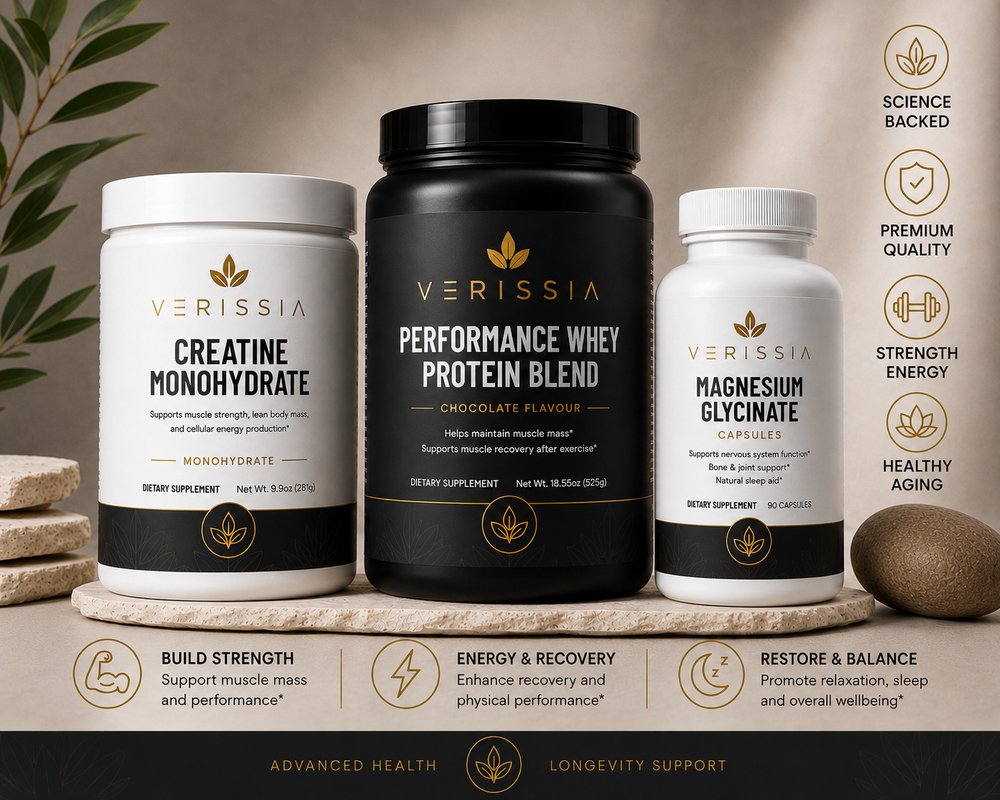 The VERISSIA range: Creatine Monohydrate, Performance Whey Protein and Magnesium Glycinate